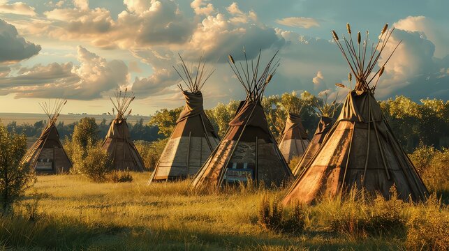 View of an indian native american village with teepee tents. Generative AI