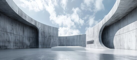 A striking image of modern minimalist concrete architecture featuring curved walls and an open sky, showcasing contemporary design.