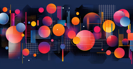 An abstract geometric design featuring a dark blue background with a variety of overlapping circles and squares in red, orange, pink, and blue. 