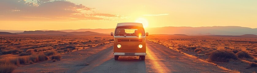 Fototapeta premium A classic camper van travels down a deserted road at sunset, surrounded by a vast desert landscape and distant mountains.