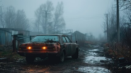 Obraz premium Rusty Car Parked in a Foggy Rural Road