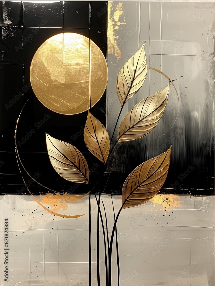 Wall mural Abstract, Contemporary Fine Art, Gold Leaf Accented, and solid black