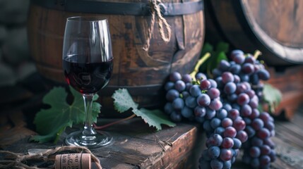 Red wine glass and grapes in a rustic winery setting