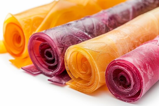 Colorful fruit tklapi candy on white background healthy vegan snack