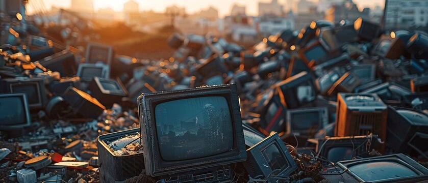 Huge pile of the electronic computer monitor screen display waste and garbage for recycling in the city background