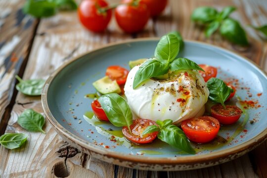 Burrata salad with avocado cream on rustic plate at cafe fresh meal on wooden table outdoors
