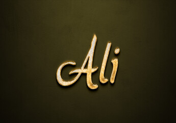 Old gold text effect of Indonesian name Ali with 3D glossy style Mockup.