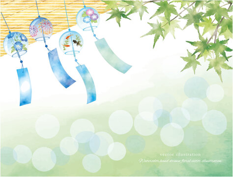 夏の爽やかな風鈴とすだれの暑中見舞いイラスト
