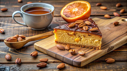 Fototapeta premium Cake on the plate and hot coffee in the cup on the wooden tabel, close up