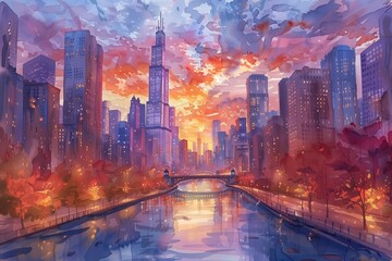 Obraz premium Watercolor cityscape with vibrant orange and purple sunset sky reflecting on a river, tall buildings, and autumn trees, digital painting illustration