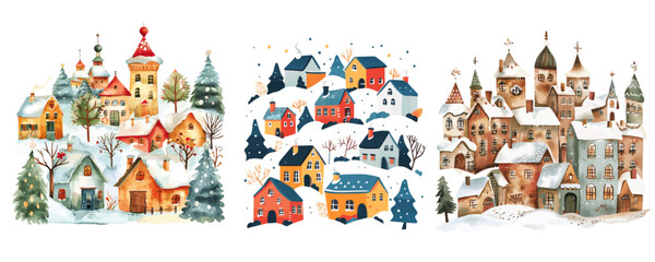 Naklejka premium Christmas Village in winter season with snow and Christmas Trees