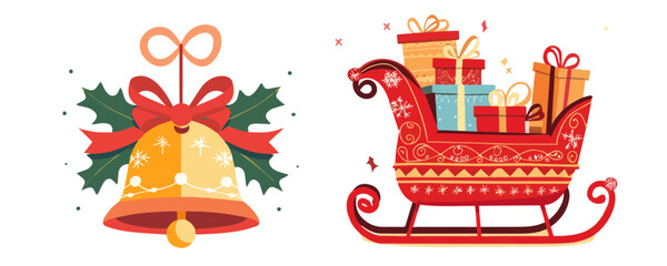 Christmas Bell with Berries and Christmas Sleigh with present boxes