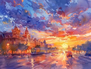 Abstract colorful cityscape watercolor painting