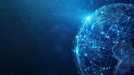 Blue futuristic background with planet Earth. Vector. Internet satellites transmit signals. Map of the planet. Global social network. Future. Internet and technology. Floating blue plexus geometric