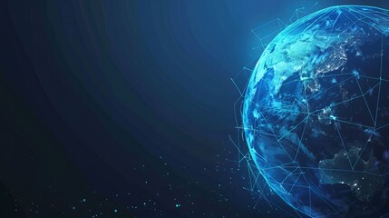 Blue futuristic background with planet Earth. Vector. Internet satellites transmit signals. Map of the planet. Global social network. Future. Internet and technology. Floating blue plexus geometric