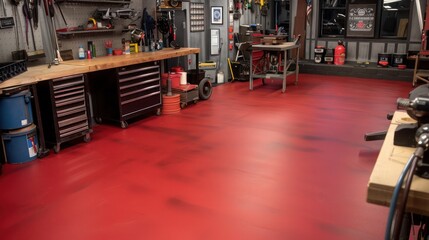 Fototapeta premium Cherry red rubber flooring in a garage, infusing a bold and dynamic energy into the workshop area