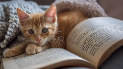 Reading with an Adorable Orange Kitten Sleeping on Book
