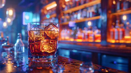 Classic alcohol whiskey scotch drink in glass with ice cubes at bar pub. Night club background decoration mock-up