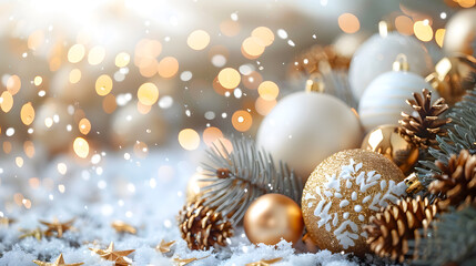 Christmas tree branches decorated with golden and white balls on a light background, banner, Christmas card