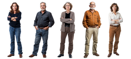 groupe d'hommes et femmes d'environ 60 ans, debout, isolé sur fond transparent