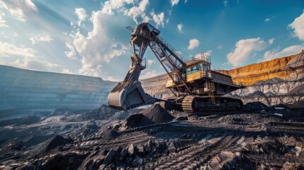 huge mine excavator for brown coal with bright animated cloud sky background 