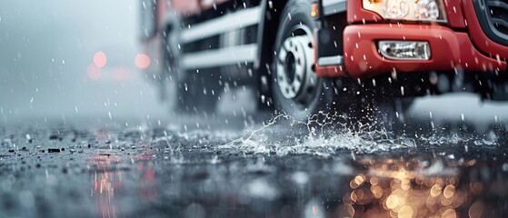 Blurred fire truck in the rain with water splashing on the road, capturing the urgency and motion of emergency services.