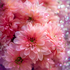 Many pink flowers on bright glitter background.