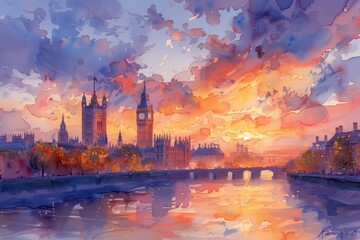 Fototapeta premium Watercolor painting of a vibrant sunset over a city skyline with a river and bridge, orange and purple clouds reflecting in water, artistic cityscape illustration