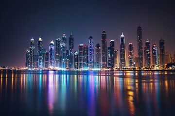 a city at night with lights reflecting in the water