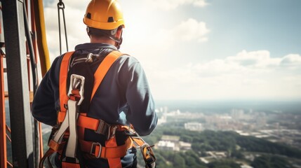 engineers Employee working at height with safety equipment.