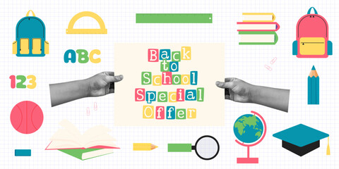 Back to school. Special offer. Sale. Halftone hands. school supplies vector banner. halftone collage