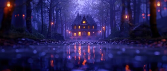 Enchanting Fairy Tale House in Mystical Forest with Glowing Lanterns at Night