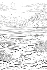 Fototapeta premium Coloring Book Page for Adults with a Sandy Desert and Distant Hills Background