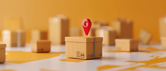 Modern Logistics Concept with Cardboard Boxes and Location Pin on Yellow Background