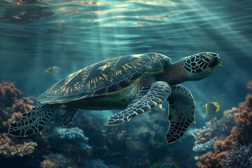 Fototapeta premium With elegance, a sea turtle navigates the profound depths of the ocean, moving gracefully through the underwater expanse