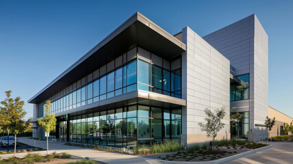Obraz premium Showcase the modernist facade of a public health research lab with clean lines and welcoming design 