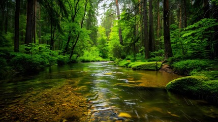 Obraz premium Serene Forest Landscape Featuring a Crystal Clear Stream Among Vibrant Greenery and Towering Trees