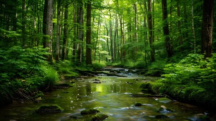 Serene Forest Landscape Featuring a Crystal Clear Stream Among Vibrant Greenery and Towering Trees