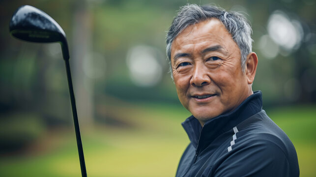 Middle-aged Asian man practicing golf swing outdoors