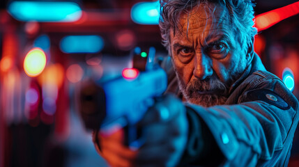 Obraz premium Middle-aged man playing laser tag with intense focus
