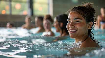 Young woman enjoying an aquagym class with friends