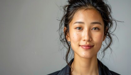 Fototapeta premium Tranquil Asian Professional Gazing Upwards with Hopeful Smile on White Background