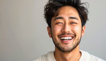 Fototapeta premium Joyful Asian Man Laughing Against Plain White Backdrop - Genuine Happiness and Amusement Concept