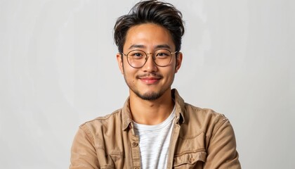 Fototapeta premium Confident Asian Man Standing with Arms Crossed and Smiling on White Background