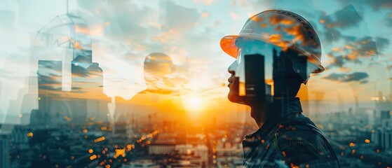 Future building construction engineering project devotion with double exposure graphic design