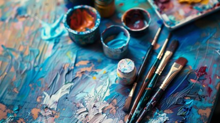 Fototapeta premium Close-up of paintbrushes and colorful paint on a canvas