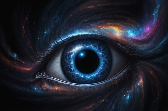 Close-up of cosmic eye with swirling nebulae and starry patterns window to universe
