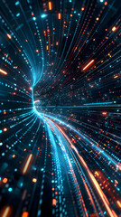 Obraz premium Internet Cyber big data flow. data fields. Network line connect stream. Concept of AI technology, digital background Dynamic particles sound wave flowing over dark. illustration wallpaper.