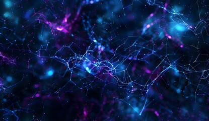 Obraz premium A digital abstract background with an intricate web of lines and nodes, representing the complexity and interconnectedness in data science. The colors should be dark blue and purple, creating depth to