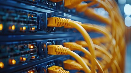 An intricate network of cables connecting routers and switches, illustrating a complex network infrastructure